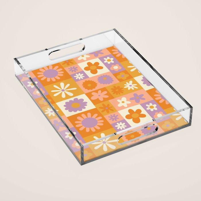 Retro hippie flower mosaic checkered pattern Acrylic Tray Gallery Image 1