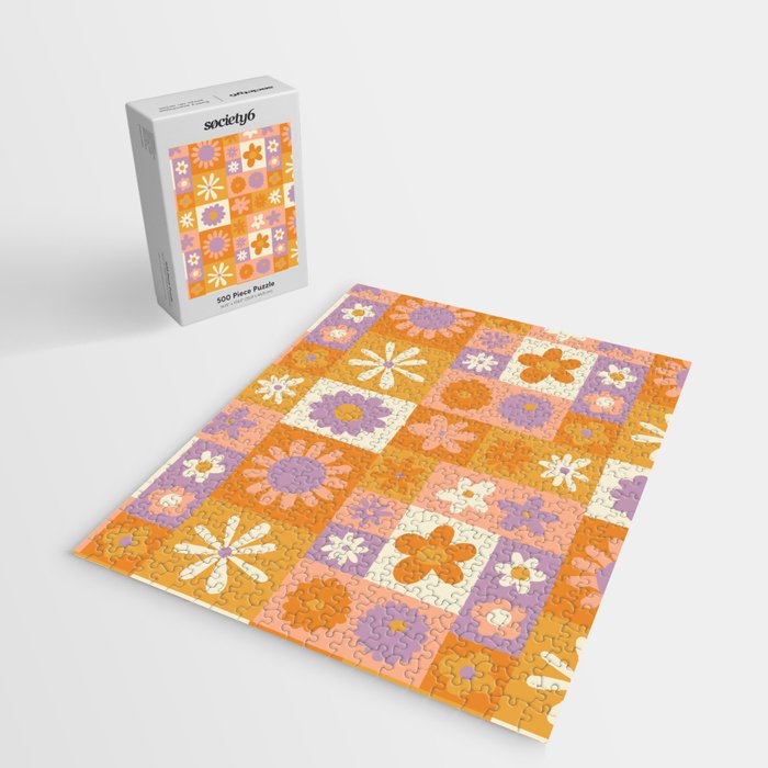 Retro hippie flower mosaic checkered pattern Jigsaw Puzzle Gallery Image 2