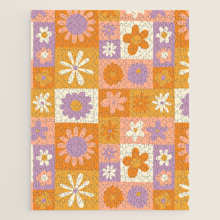 Retro hippie flower mosaic checkered pattern Jigsaw Puzzle Gallery Image 1