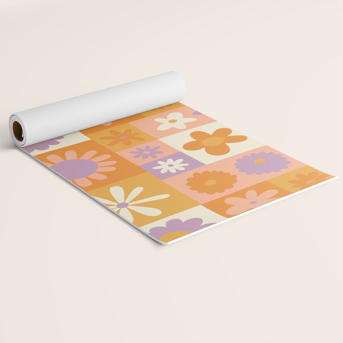 Retro hippie flower mosaic checkered pattern Yoga Mat Gallery Image 2
