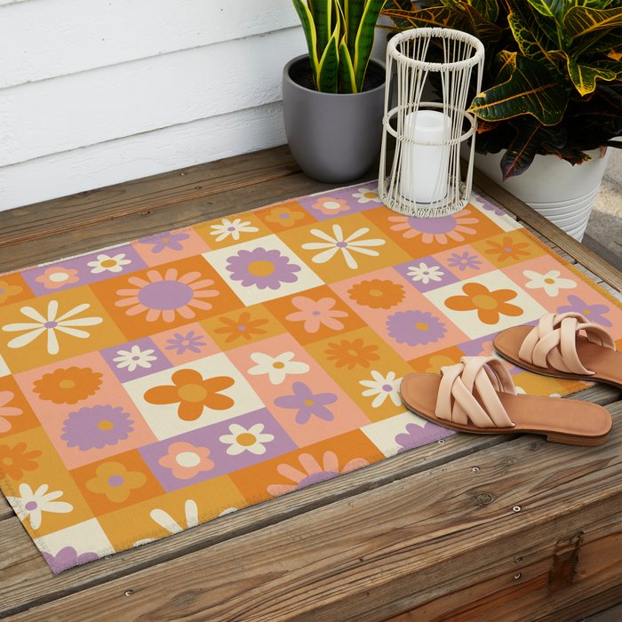 Retro hippie flower mosaic checkered pattern Outdoor Rug Gallery Image 2