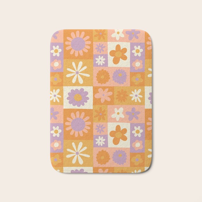 Retro hippie flower mosaic checkered pattern Bath Mat Gallery Image 1