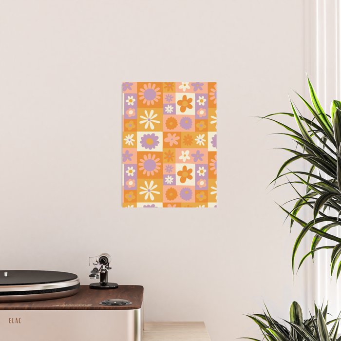Retro hippie flower mosaic checkered pattern Poster Gallery Image 2