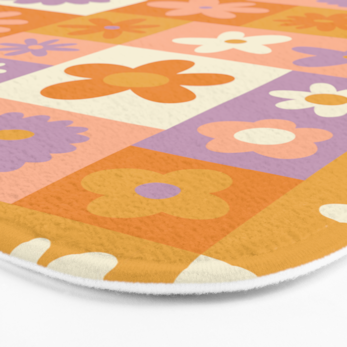 Retro hippie flower mosaic checkered pattern Bath Mat Gallery Image 3