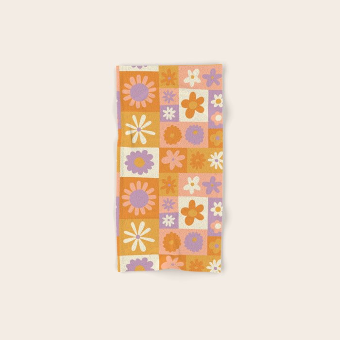 Retro hippie flower mosaic checkered pattern Bath Towel Gallery Image 1