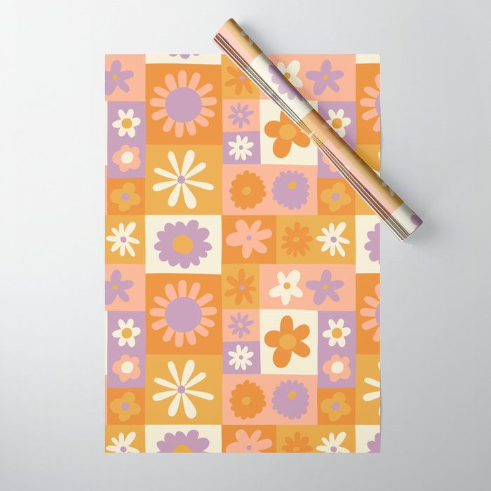 Retro hippie flower mosaic checkered pattern Wrapping Paper Gallery Image 1