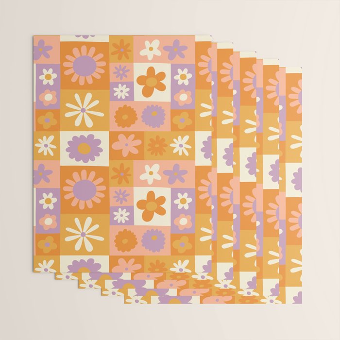 Retro hippie flower mosaic checkered pattern Wrapping Paper Gallery Image 3