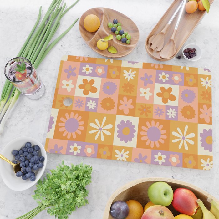 Retro hippie flower mosaic checkered pattern Cutting Board Gallery Image 2
