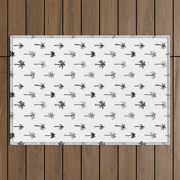 Black and white palm tree beach doodle pattern Outdoor Rug Gallery Image 1