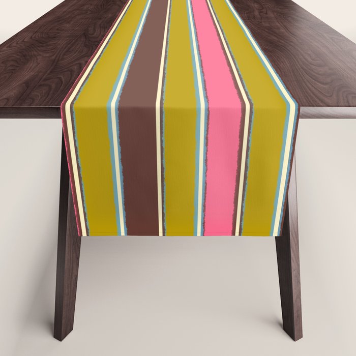Retro Eclectic Watercolor Paper Stripes Vertical Pattern Pink Chartreuse Brown Blue Cream Table Runner Gallery Image 1