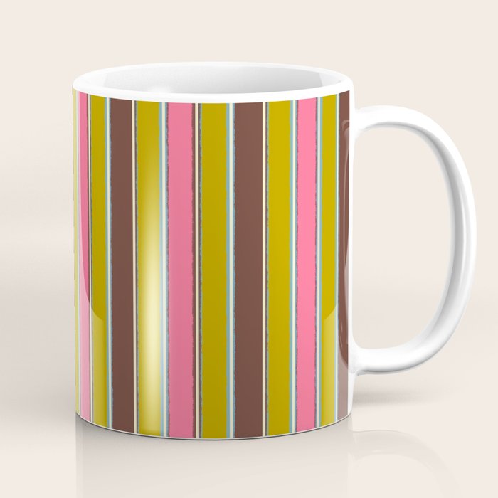 Retro Eclectic Watercolor Paper Stripes Vertical Pattern Pink Chartreuse Brown Blue Cream Coffee Mug Gallery Image 1