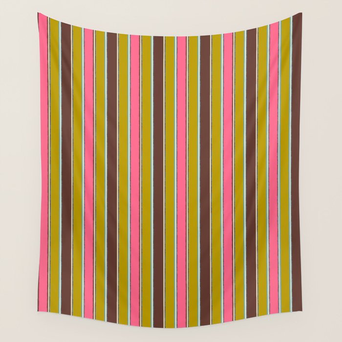 Retro Eclectic Watercolor Paper Stripes Vertical Pattern Pink Chartreuse Brown Blue Cream Wall Tapestry Gallery Image 4