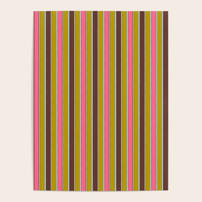 Retro Eclectic Watercolor Paper Stripes Vertical Pattern Pink Chartreuse Brown Blue Cream Poster Gallery Image 4