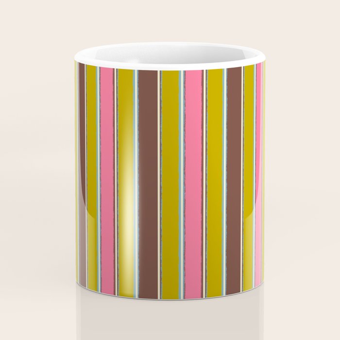Retro Eclectic Watercolor Paper Stripes Vertical Pattern Pink Chartreuse Brown Blue Cream Coffee Mug Gallery Image 4