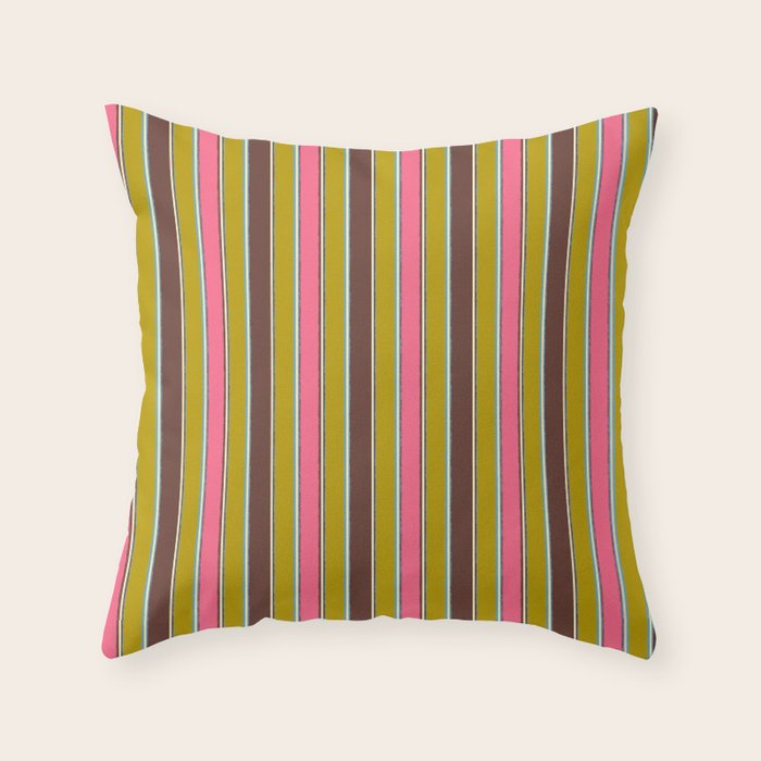 Retro Eclectic Watercolor Paper Stripes Vertical Pattern Pink Chartreuse Brown Blue Cream Throw Pillow Gallery Image 1