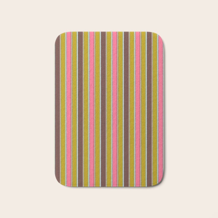 Retro Eclectic Watercolor Paper Stripes Vertical Pattern Pink Chartreuse Brown Blue Cream Bath Mat Gallery Image 1