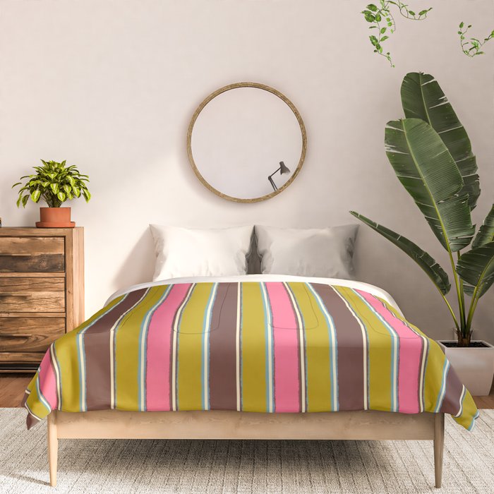 Retro Eclectic Watercolor Paper Stripes Vertical Pattern Pink Chartreuse Brown Blue Cream Comforter Gallery Image 3
