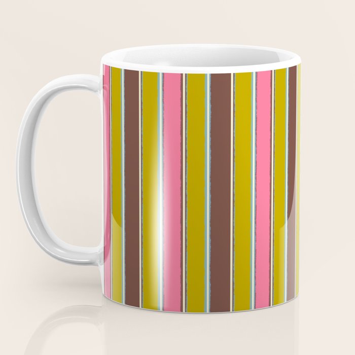 Retro Eclectic Watercolor Paper Stripes Vertical Pattern Pink Chartreuse Brown Blue Cream Coffee Mug Gallery Image 3