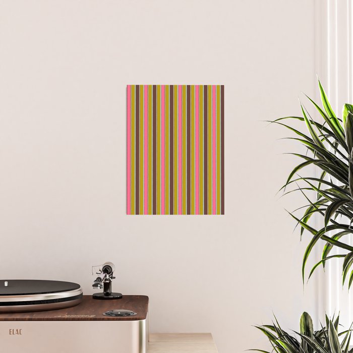 Retro Eclectic Watercolor Paper Stripes Vertical Pattern Pink Chartreuse Brown Blue Cream Poster Gallery Image 2