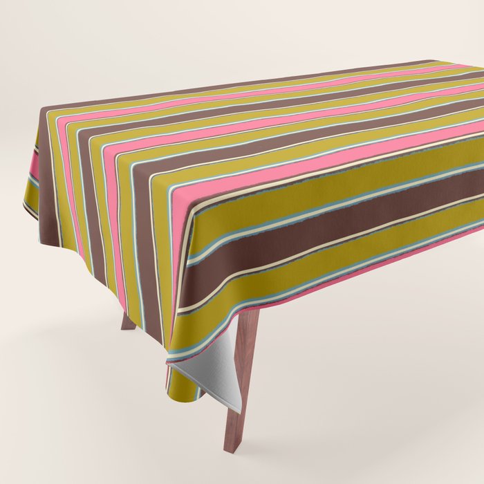 Retro Eclectic Watercolor Paper Stripes Vertical Pattern Pink Chartreuse Brown Blue Cream Tablecloth Gallery Image 1