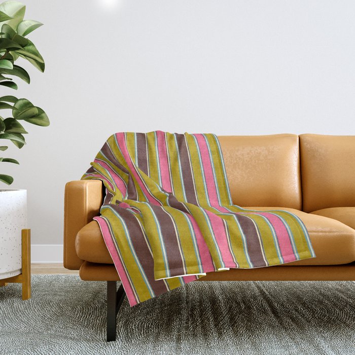 Retro Eclectic Watercolor Paper Stripes Vertical Pattern Pink Chartreuse Brown Blue Cream Throw Blanket Gallery Image 1
