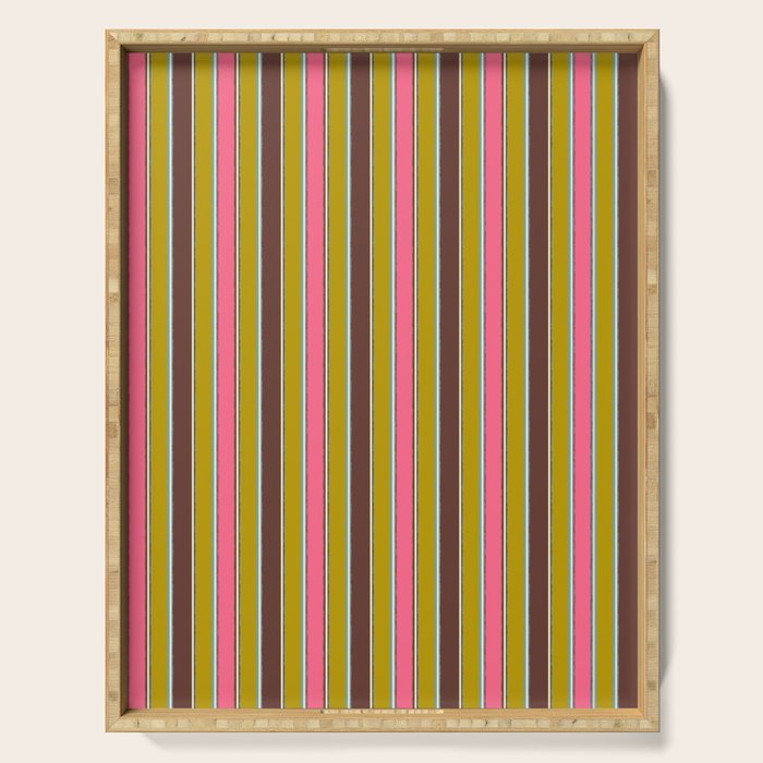 Retro Eclectic Watercolor Paper Stripes Vertical Pattern Pink Chartreuse Brown Blue Cream Serving Tray Gallery Image 1