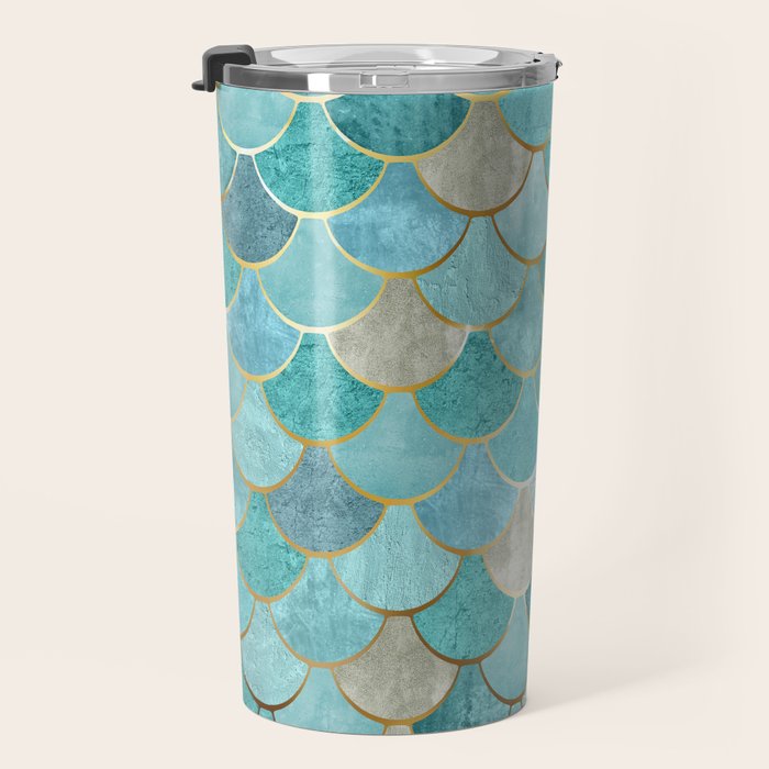 Moroccan Mermaid Fish Scale Pattern, Aqua,Teal Travel Mug Gallery Image 3