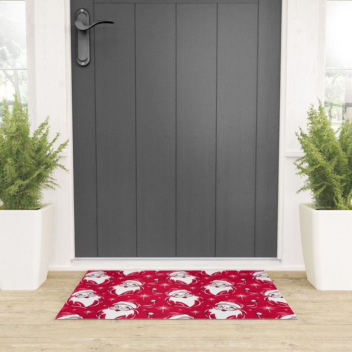 'Tis The Season Retro Santa Red White Pattern Welcome Mat Gallery Image 3