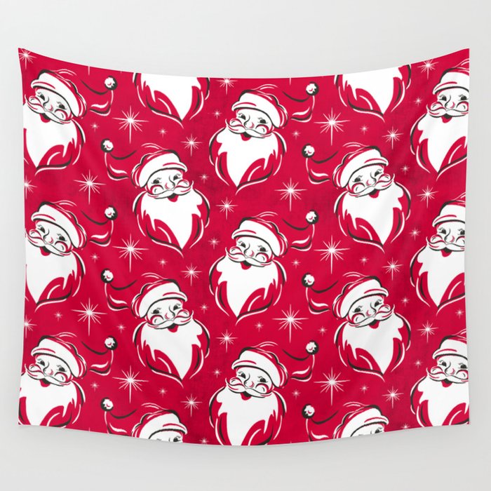 'Tis The Season Retro Santa Red White Pattern Wall Tapestry Gallery Image 1