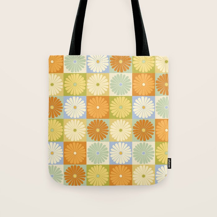 Retro Flowers Check Pattern XXVIII Tote Bag Gallery Image 1