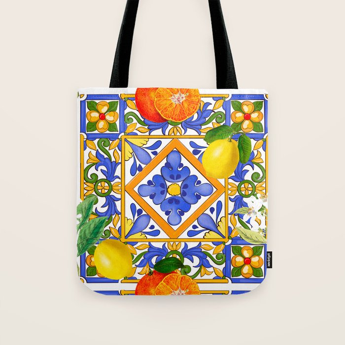 Summer ,Sicilian tiles ,citrus,oranges,majolica,lemons ,Mediterranean  Tote Bag Gallery Image 1