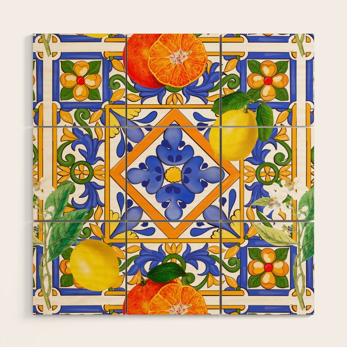Summer ,Sicilian tiles ,citrus,oranges,majolica,lemons ,Mediterranean  Wood Wall Art Gallery Image 1