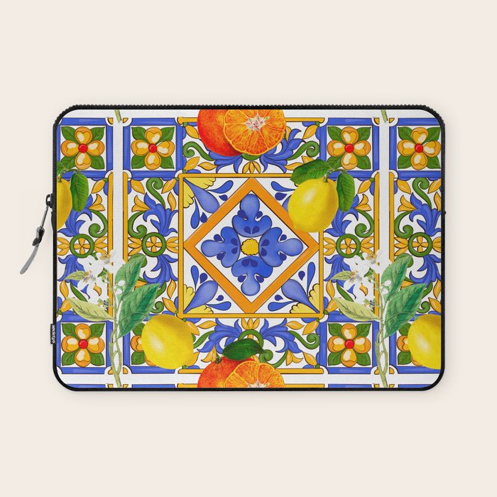 Summer ,Sicilian tiles ,citrus,oranges,majolica,lemons ,Mediterranean  Laptop Sleeve Gallery Image 1