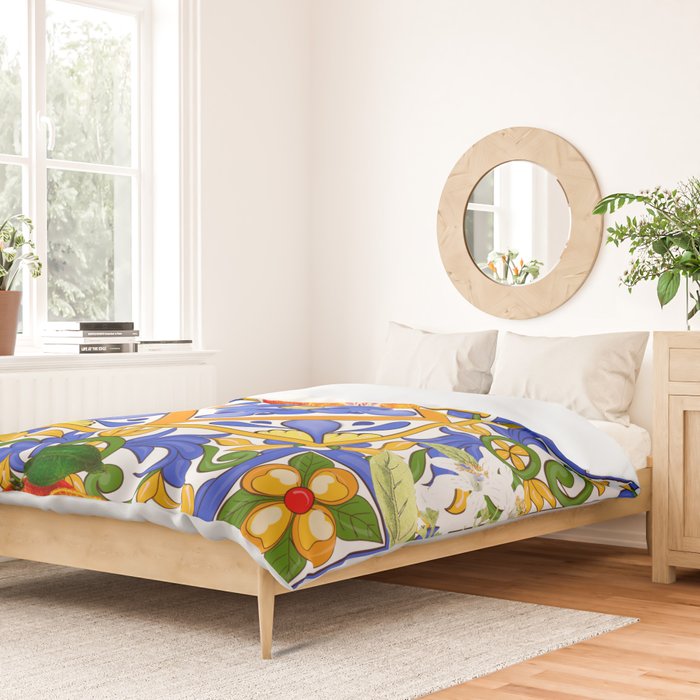 Summer ,Sicilian tiles ,citrus,oranges,majolica,lemons ,Mediterranean  Duvet Cover Gallery Image 2