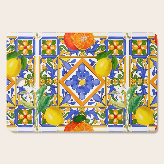 Summer ,Sicilian tiles ,citrus,oranges,majolica,lemons ,Mediterranean  Cutting Board Gallery Image 1