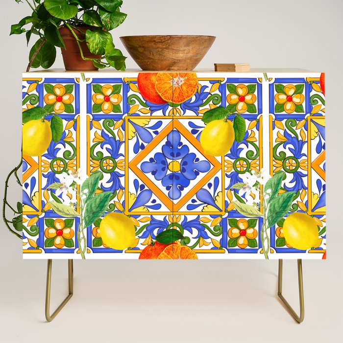 Summer ,Sicilian tiles ,citrus,oranges,majolica,lemons ,Mediterranean  Credenza Gallery Image 1