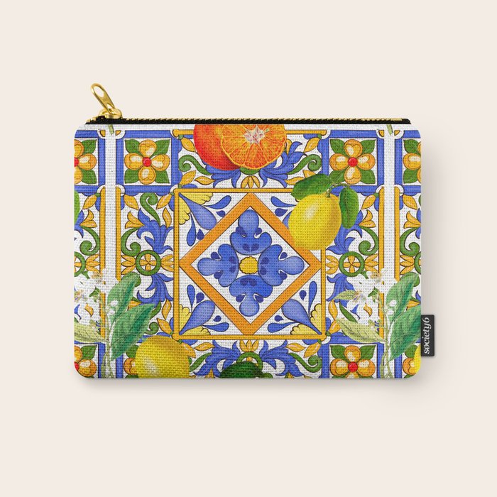Summer ,Sicilian tiles ,citrus,oranges,majolica,lemons ,Mediterranean  Carry All Pouch Gallery Image 1