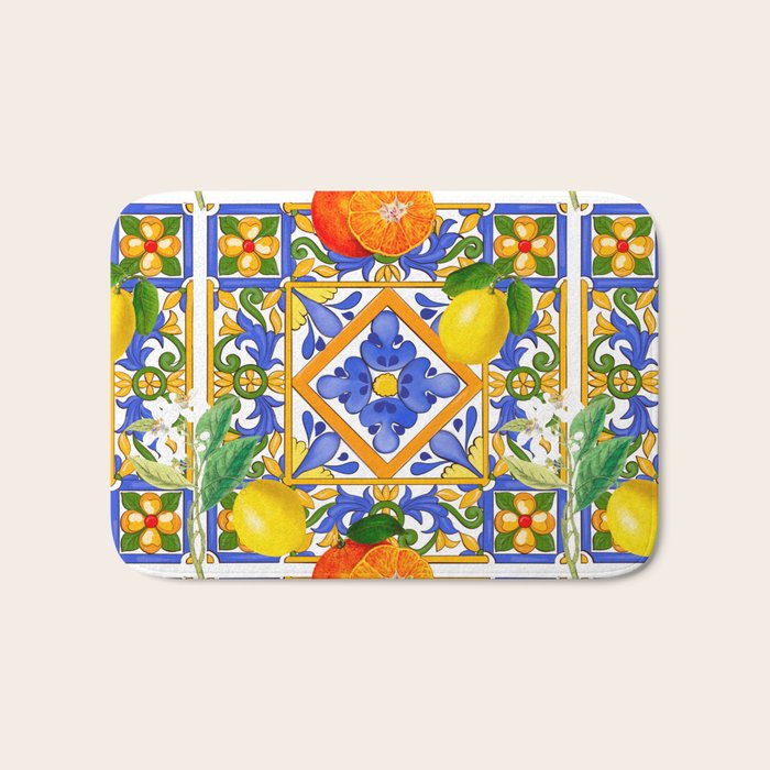 Summer ,Sicilian tiles ,citrus,oranges,majolica,lemons ,Mediterranean  Bath Mat Gallery Image 1