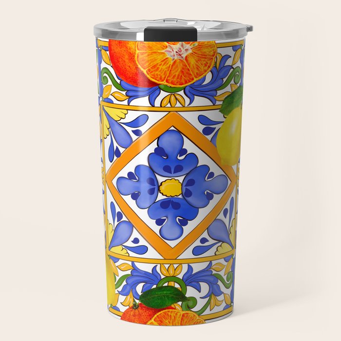 Summer ,Sicilian tiles ,citrus,oranges,majolica,lemons ,Mediterranean  Travel Mug Gallery Image 1