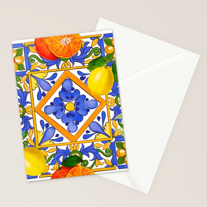 Summer ,Sicilian tiles ,citrus,oranges,majolica,lemons ,Mediterranean  Stationery Card Gallery Image 2