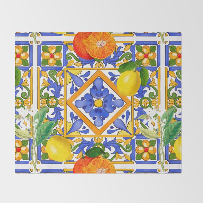 Summer ,Sicilian tiles ,citrus,oranges,majolica,lemons ,Mediterranean  Throw Blanket Gallery Image 2