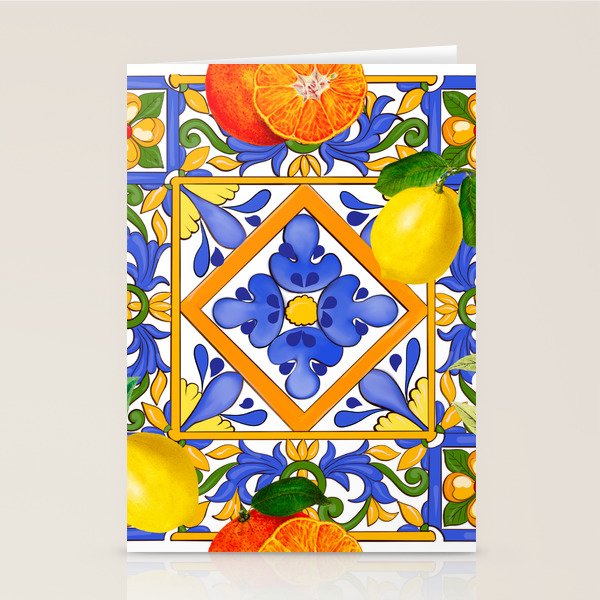 Summer ,Sicilian tiles ,citrus,oranges,majolica,lemons ,Mediterranean  Stationery Card Gallery Image 2