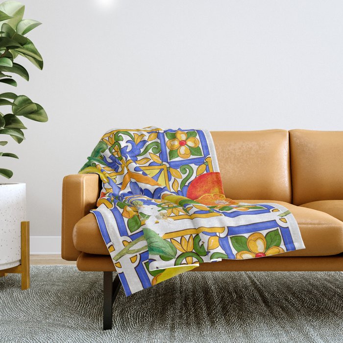 Summer ,Sicilian tiles ,citrus,oranges,majolica,lemons ,Mediterranean  Throw Blanket Gallery Image 1