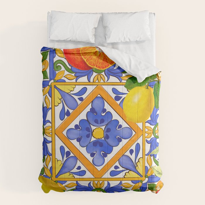 Summer ,Sicilian tiles ,citrus,oranges,majolica,lemons ,Mediterranean  Comforter Gallery Image 6