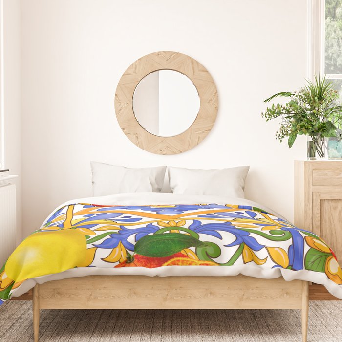 Summer ,Sicilian tiles ,citrus,oranges,majolica,lemons ,Mediterranean  Duvet Cover Gallery Image 3
