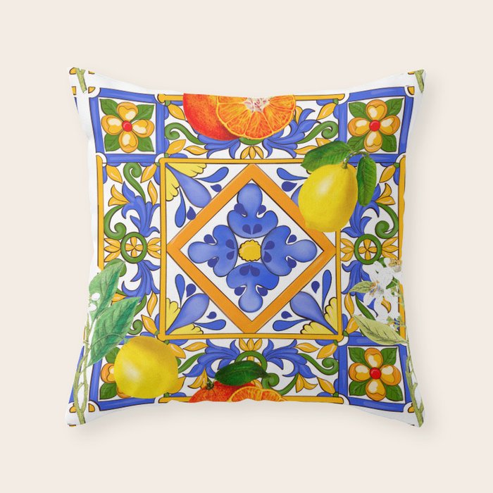 Summer ,Sicilian tiles ,citrus,oranges,majolica,lemons ,Mediterranean  Throw Pillow