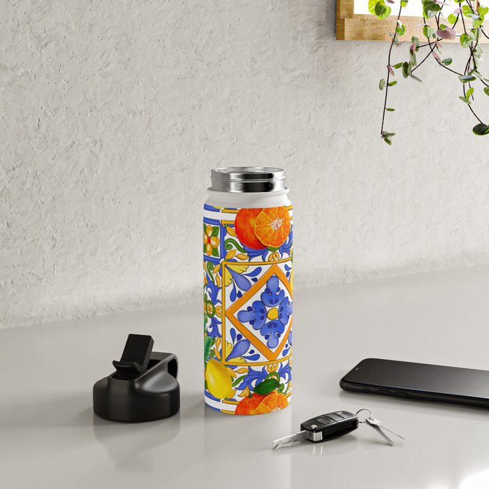 Summer ,Sicilian tiles ,citrus,oranges,majolica,lemons ,Mediterranean  Water Bottle Gallery Image 4