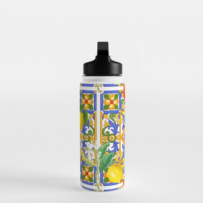 Summer ,Sicilian tiles ,citrus,oranges,majolica,lemons ,Mediterranean  Water Bottle Gallery Image 3