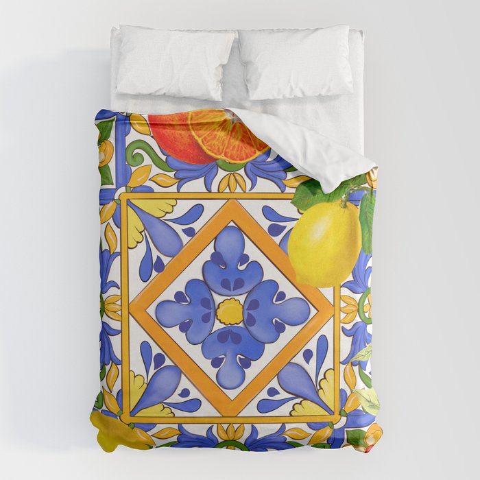 Summer ,Sicilian tiles ,citrus,oranges,majolica,lemons ,Mediterranean  Duvet Cover Gallery Image 6