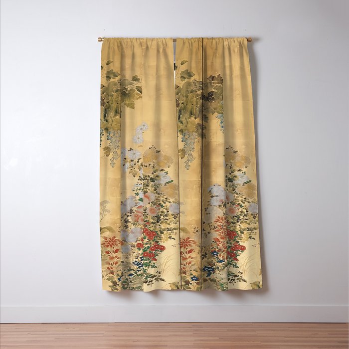 Japanese Edo Period Six-Panel Gold Leaf Screen - Spring and Autumn Flowers Window Curtain Gallery Image 3
